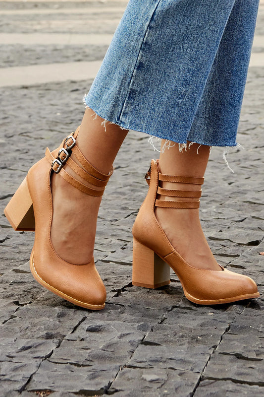 MODEGEIST Damen Sandalen Blockabsatz Knöchelriemen Beige