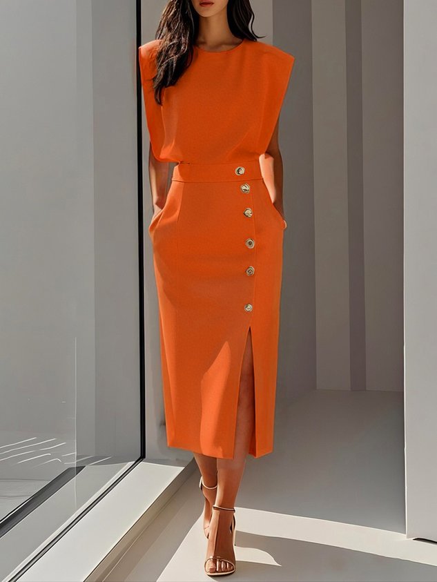 MODEGEIST Damen Midi-Kleid Entspannter Schnitt Knopfdetail Vielseitig