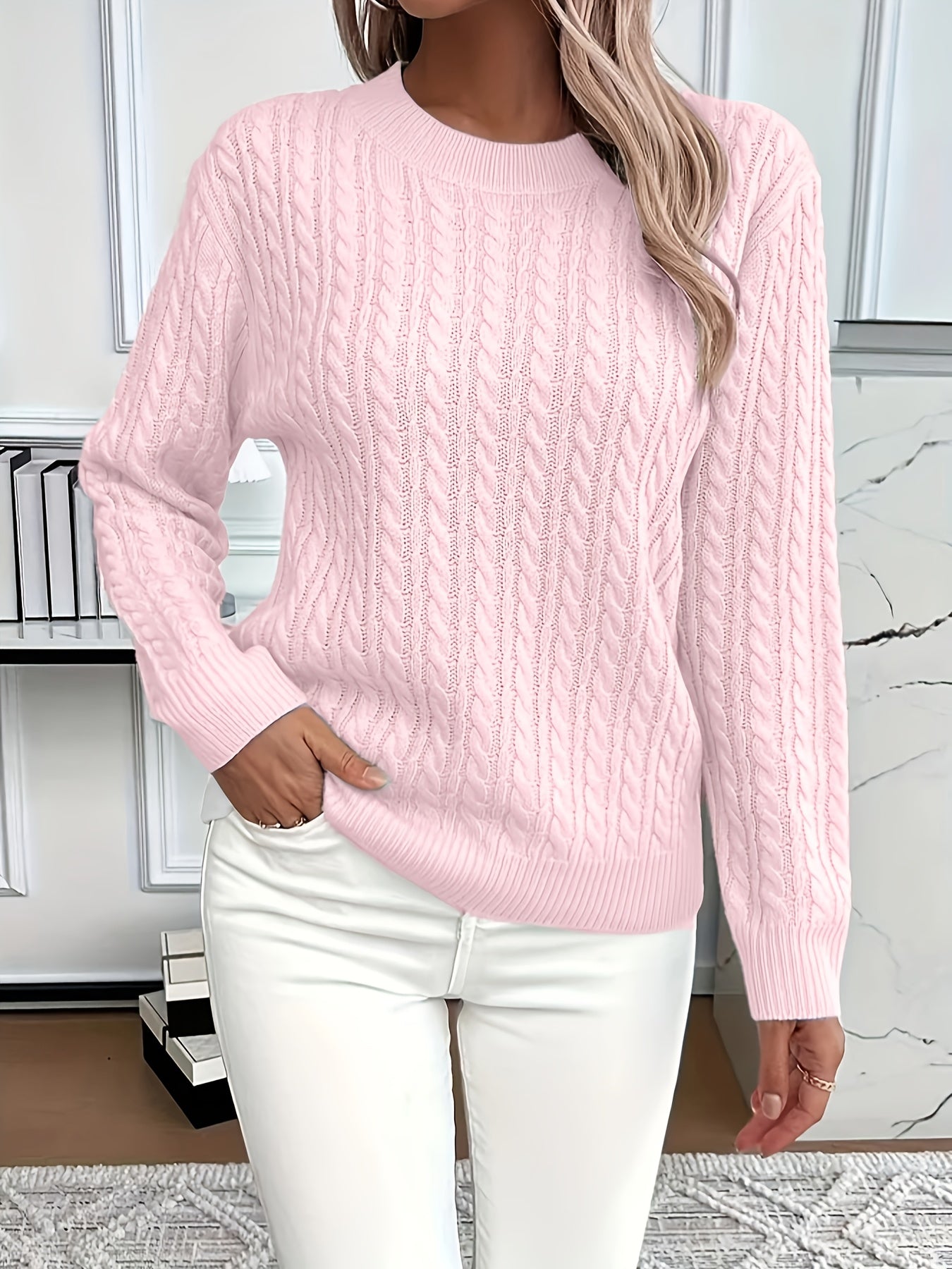 MODEGEIST Damen Cable-Knit Pullover Strick Beige Relaxed-Fit Winter