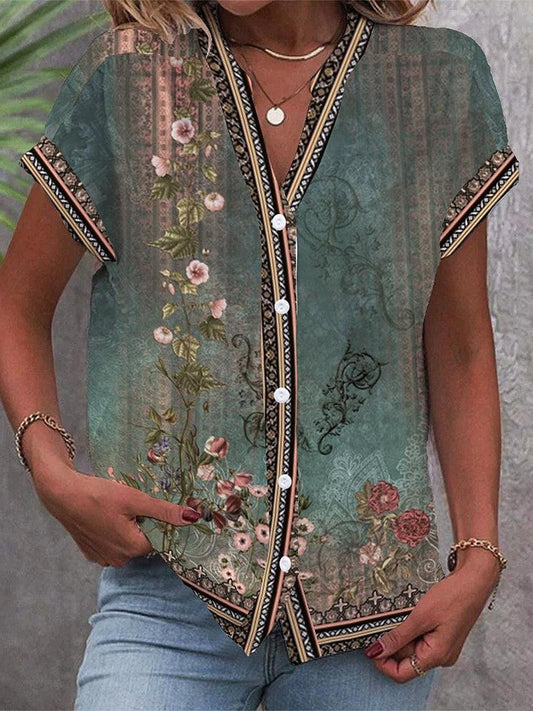 MODEGEIST Damen Bluse Blumenmuster Grün V-Ausschnitt