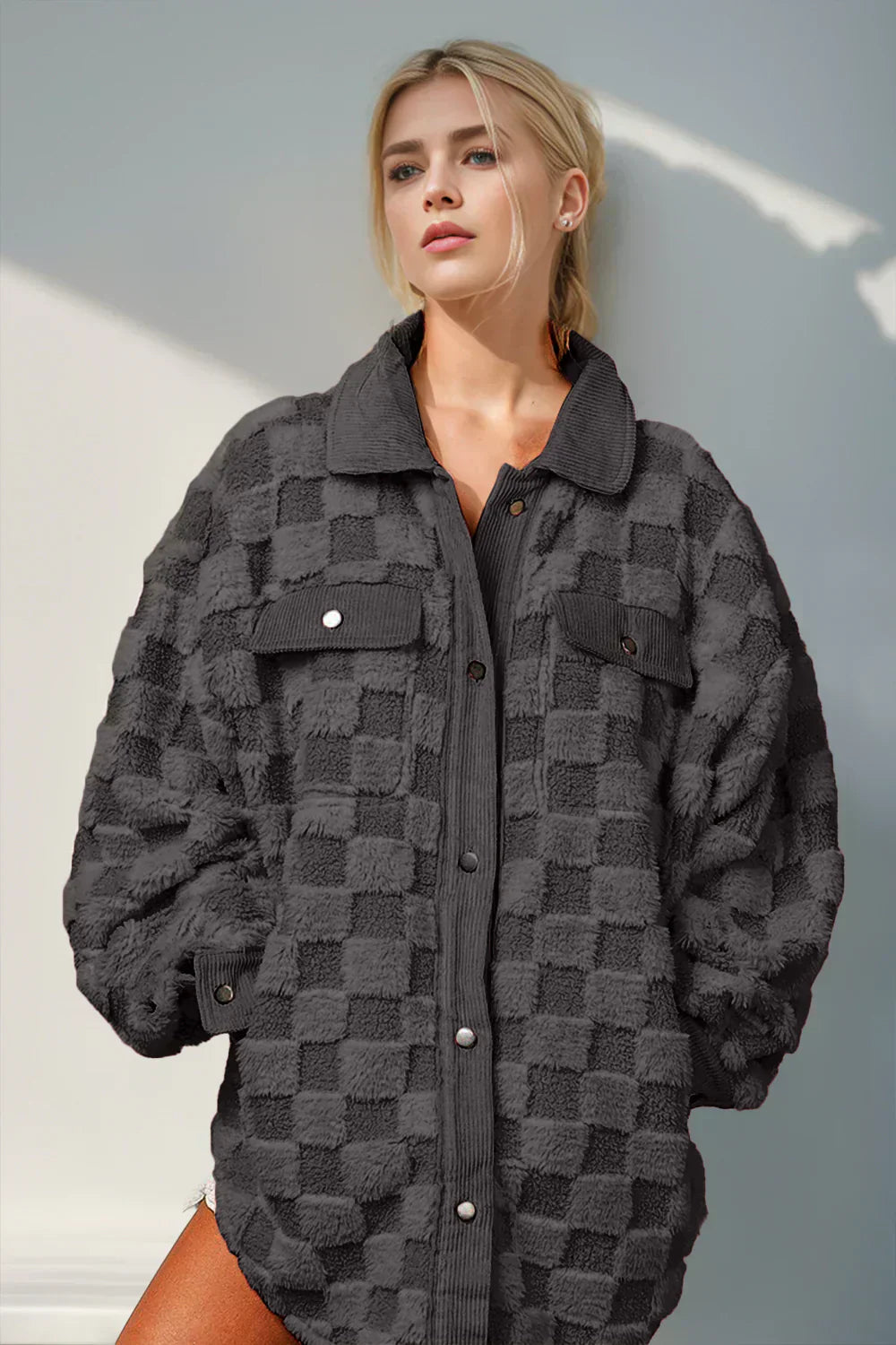ModeGeist | Jacke mit Karostruktur Knopfverschluss Weich und Übergrößen