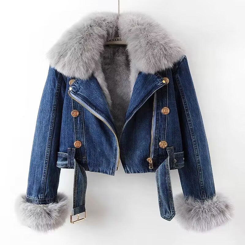 ModeGeist | Denim-Motojacke mit Kunstpelz