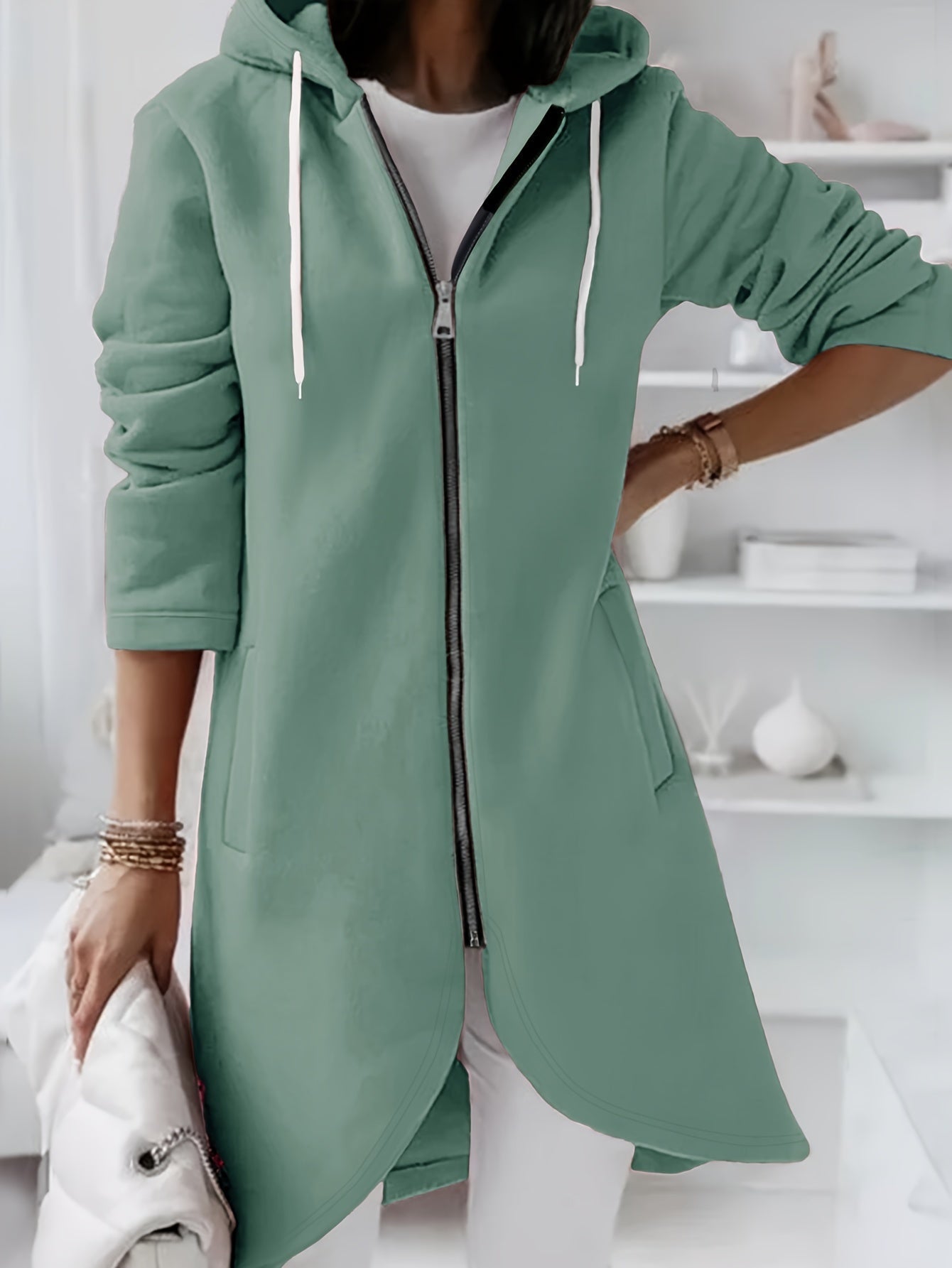 ModeGeist | Reißverschluss Kordelzug Midi Kapuzenjacke