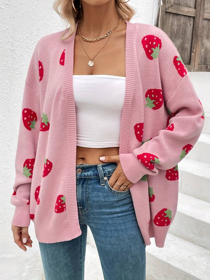 Liora:  Trendiger Erdbeerfarbener Cardigan mit offenem Vorderteil für den Frühling