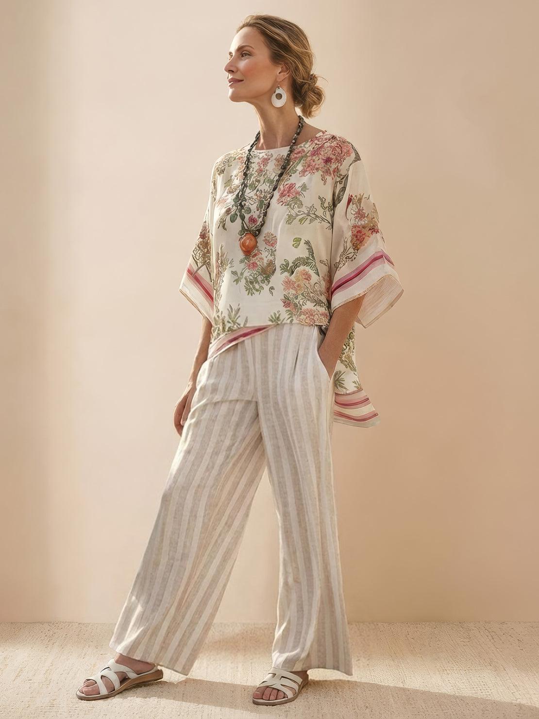 MODEGEIST Damen Zweiteiler Gestreift Wide-Leg Hose Oversize-Shirt