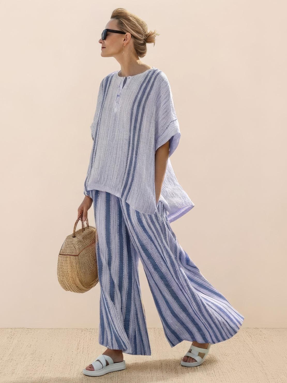 MODEGEIST Damen Zweiteiler Gestreift Wide-Leg Hose Oversize-Shirt