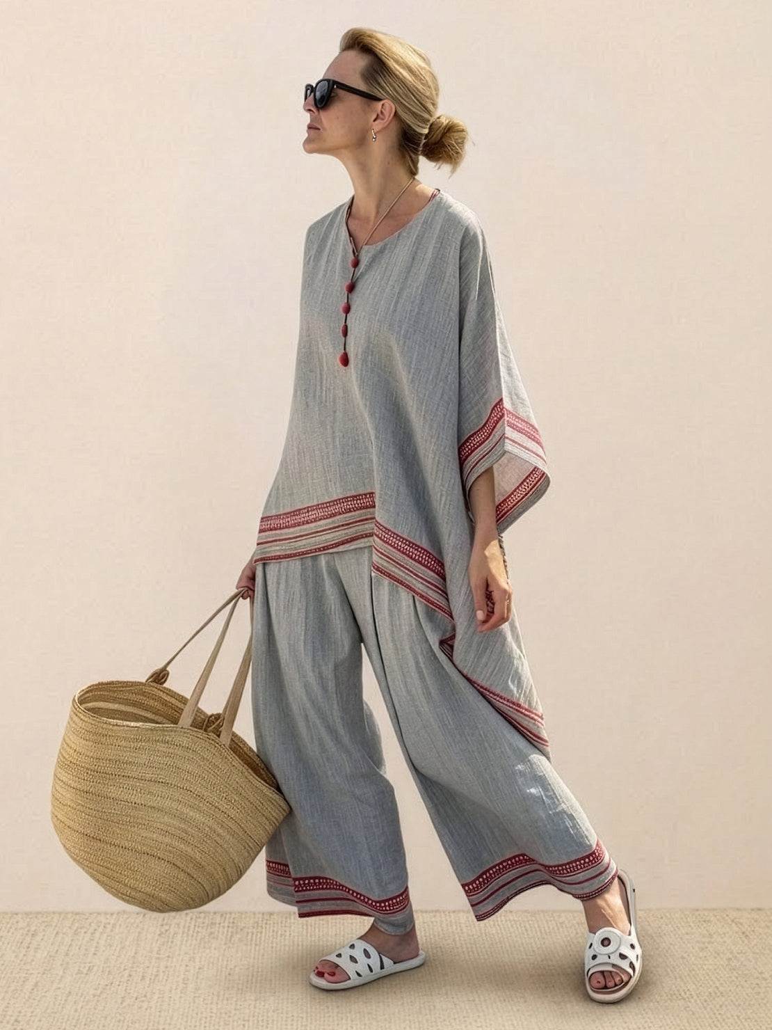 MODEGEIST Damen Zweiteiler Gestreift Wide-Leg Hose Oversize-Shirt