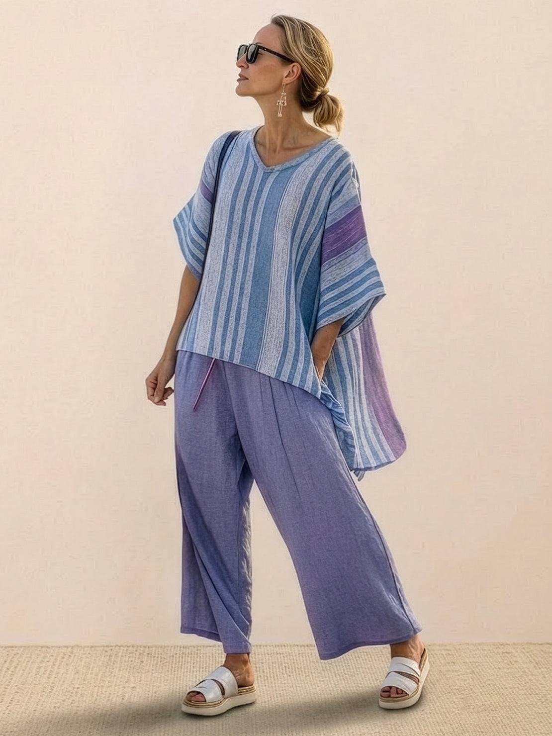 MODEGEIST Damen Zweiteiler Gestreift Wide-Leg Hose Oversize-Shirt