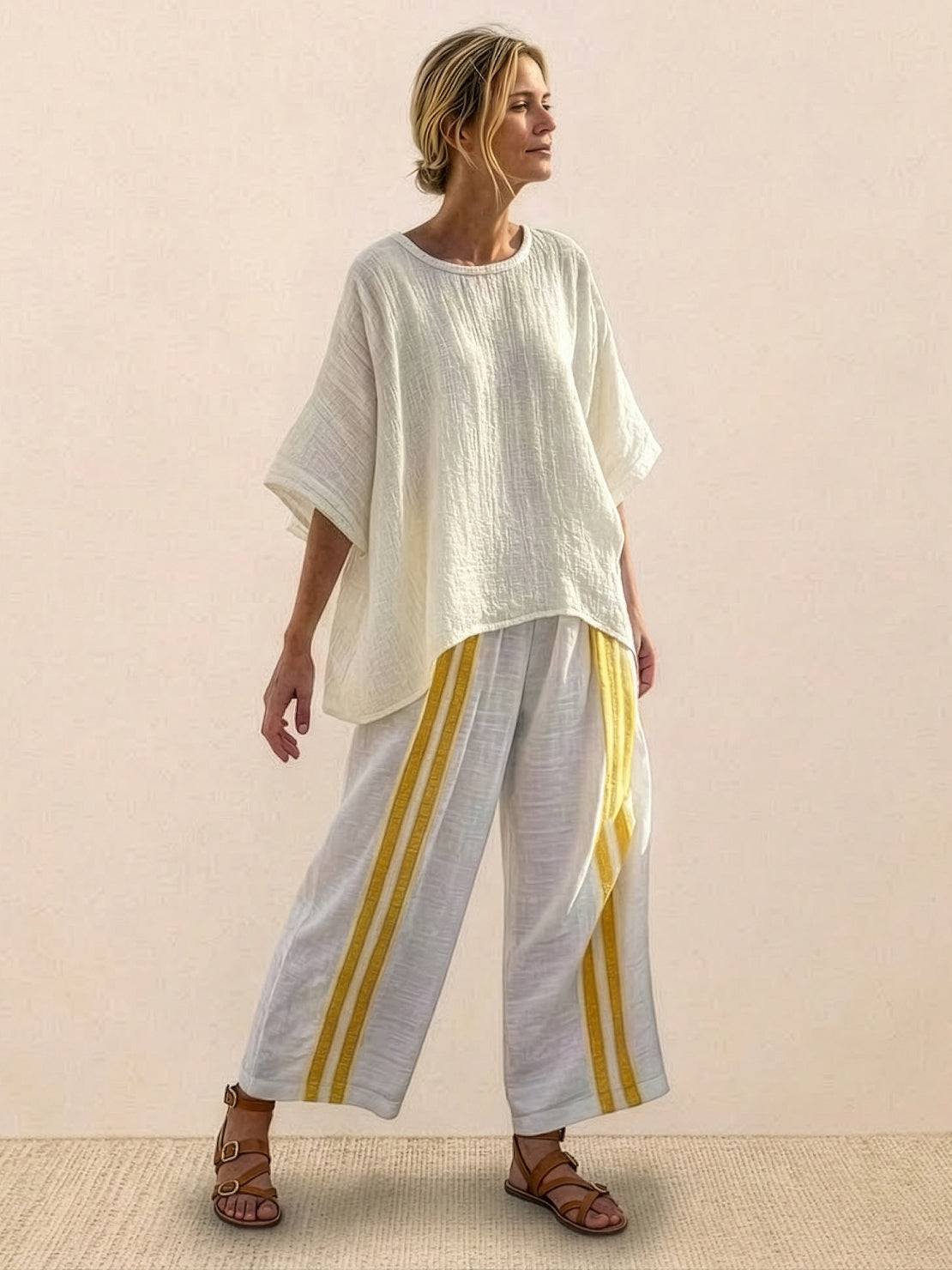 MODEGEIST Damen Zweiteiler Gestreift Wide-Leg Hose Oversize-Shirt