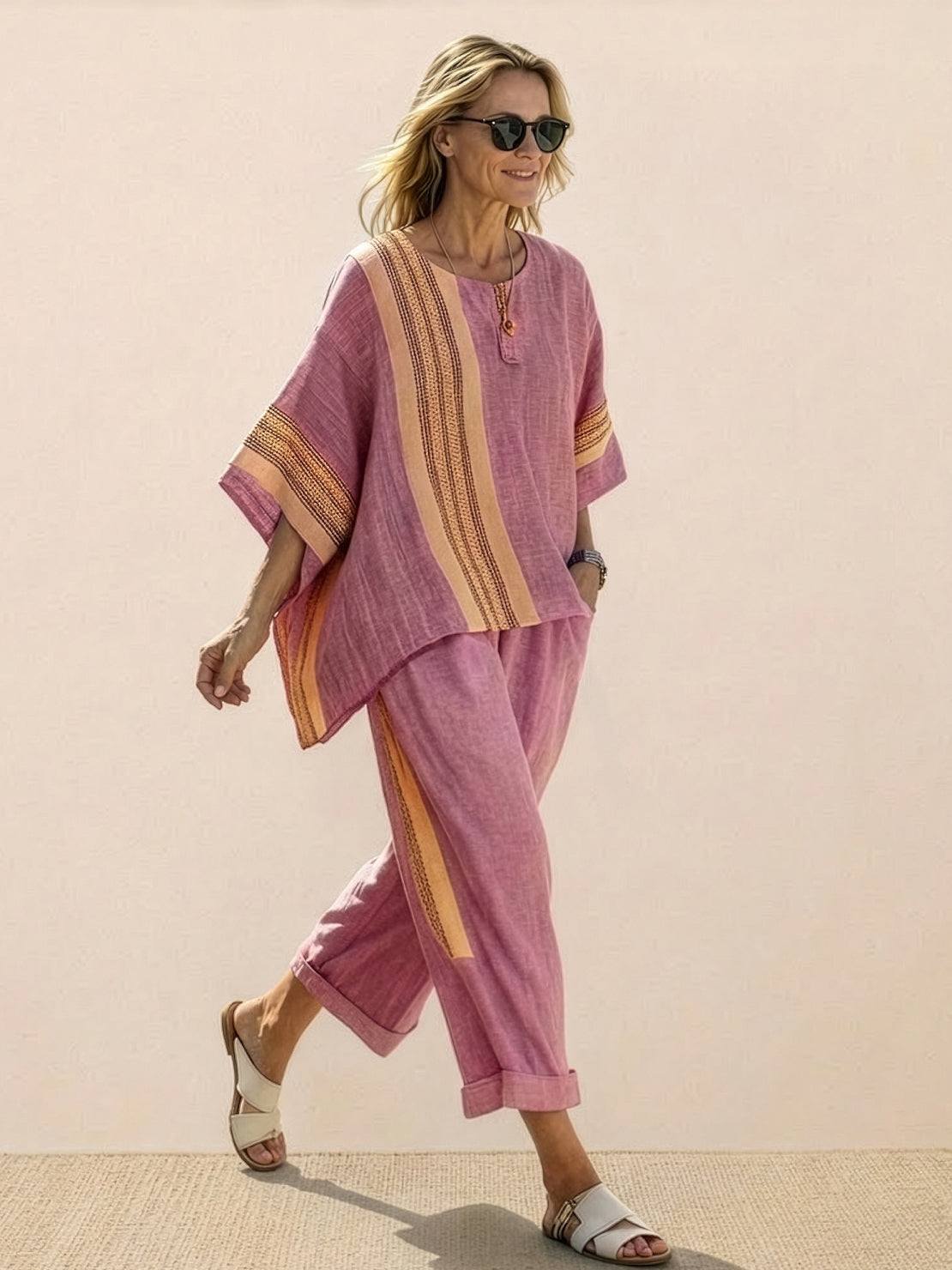 MODEGEIST Damen Zweiteiler Gestreift Wide-Leg Hose Oversize-Shirt