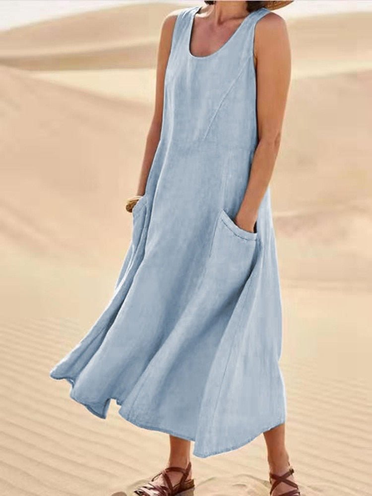 MODEGEIST Damen Maxi-Kleid Ärmellos Rundhalsausschnitt Taschen A-Linie