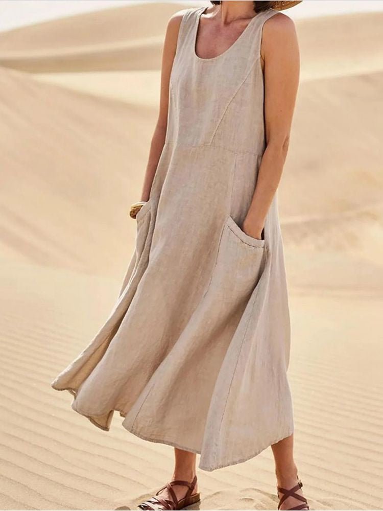 MODEGEIST Damen Maxi-Kleid Ärmellos Rundhalsausschnitt Seitentaschen