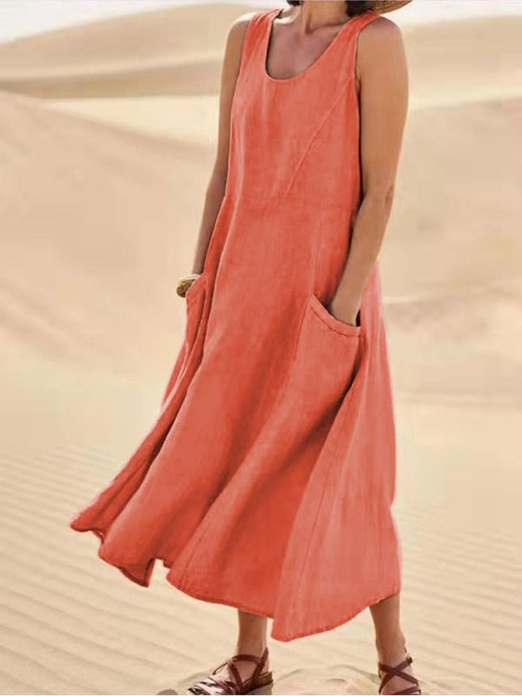 MODEGEIST Damen Maxi-Kleid Ärmellos Rundhalsausschnitt Taschen A-Linie