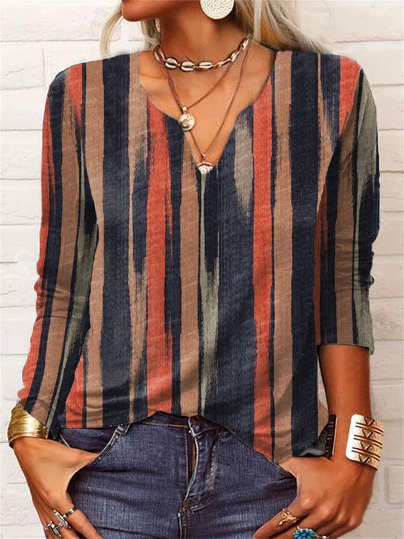 Damen Langarm T-Shirt mit Blumenmuster und V-Ausschnitt von Fudus Lockeres