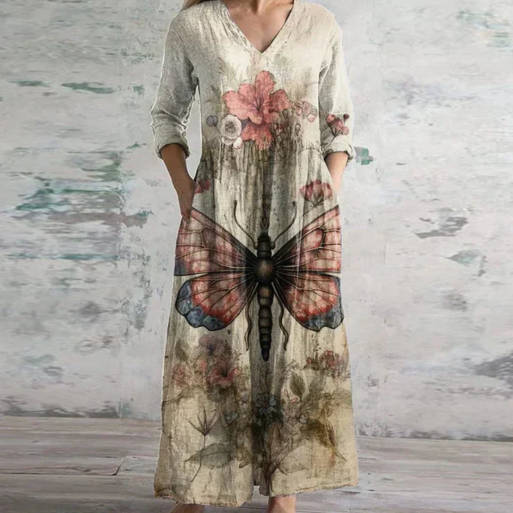 MODEGEIST Damen Retro Maxi-Kleid Vintage Blumen Fließend