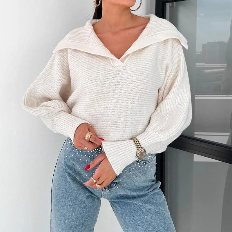 ModeGeist | Strickpullover mit Laternenärmeln und offenem Kragen