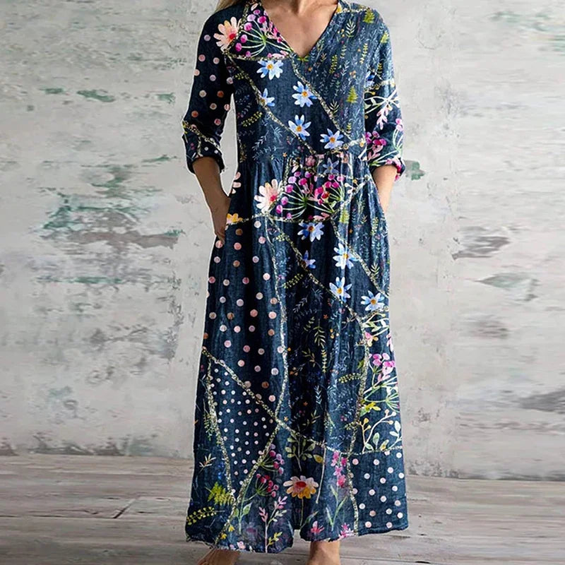 MODEGEIST Damen Retro Maxi-Kleid Vintage Blumen Fließend