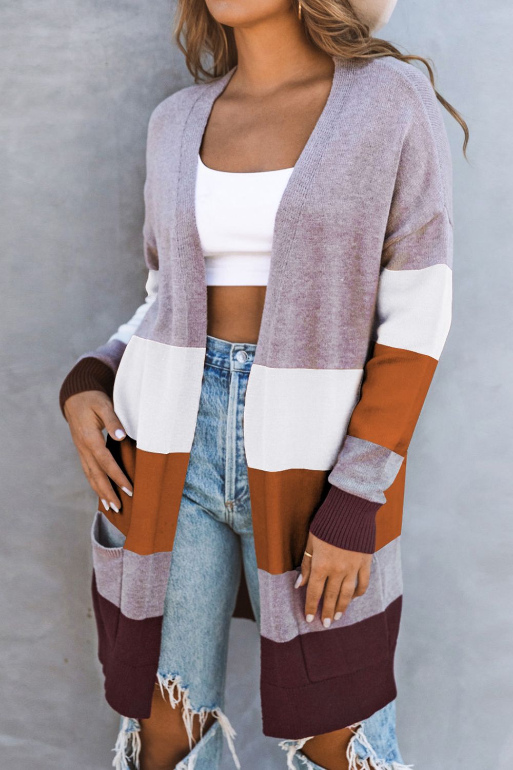 ModeGeist | Farbblock Offene Front Rippbündchen Cardigan mit Taschen