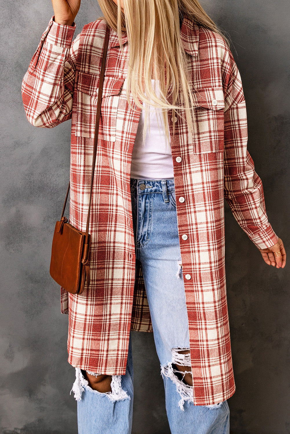 ModeGeist | Karierter Button-Up Longline Shacket mit Brusttaschen