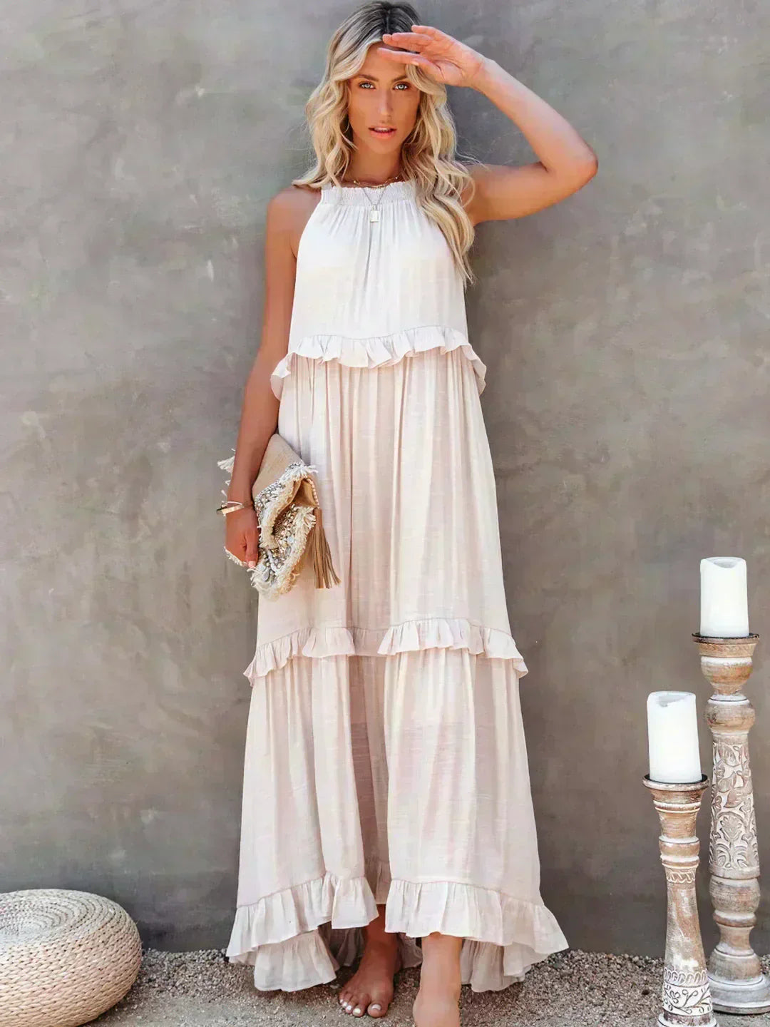 MODEGEIST Damen Ärmelloses Kleid Rüschen Fließend Sommerkleid
