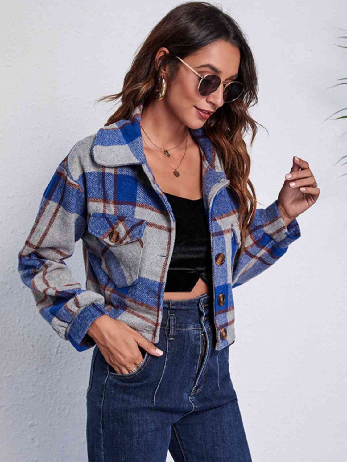 ModeGeist | Karierter Knopf-Front-Jacke mit Taschen