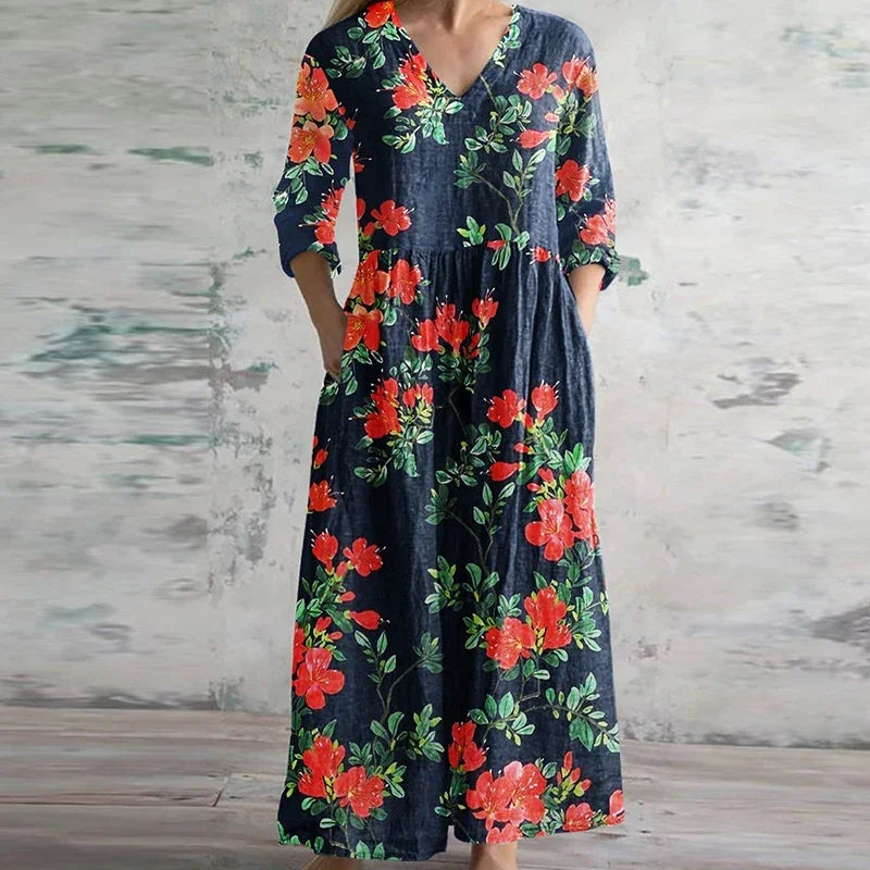 MODEGEIST Damen Retro Maxi-Kleid Vintage Blumen Fließend