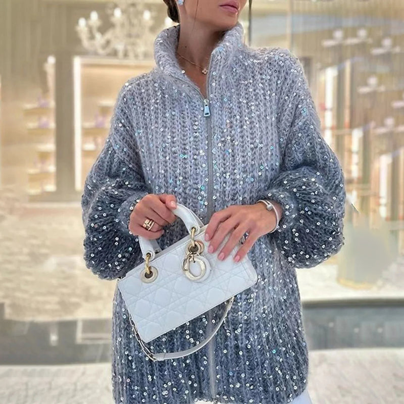 ModeGeist | Strickpullover mit Pailletten Ballonärmel Elegant und Handstrick-look