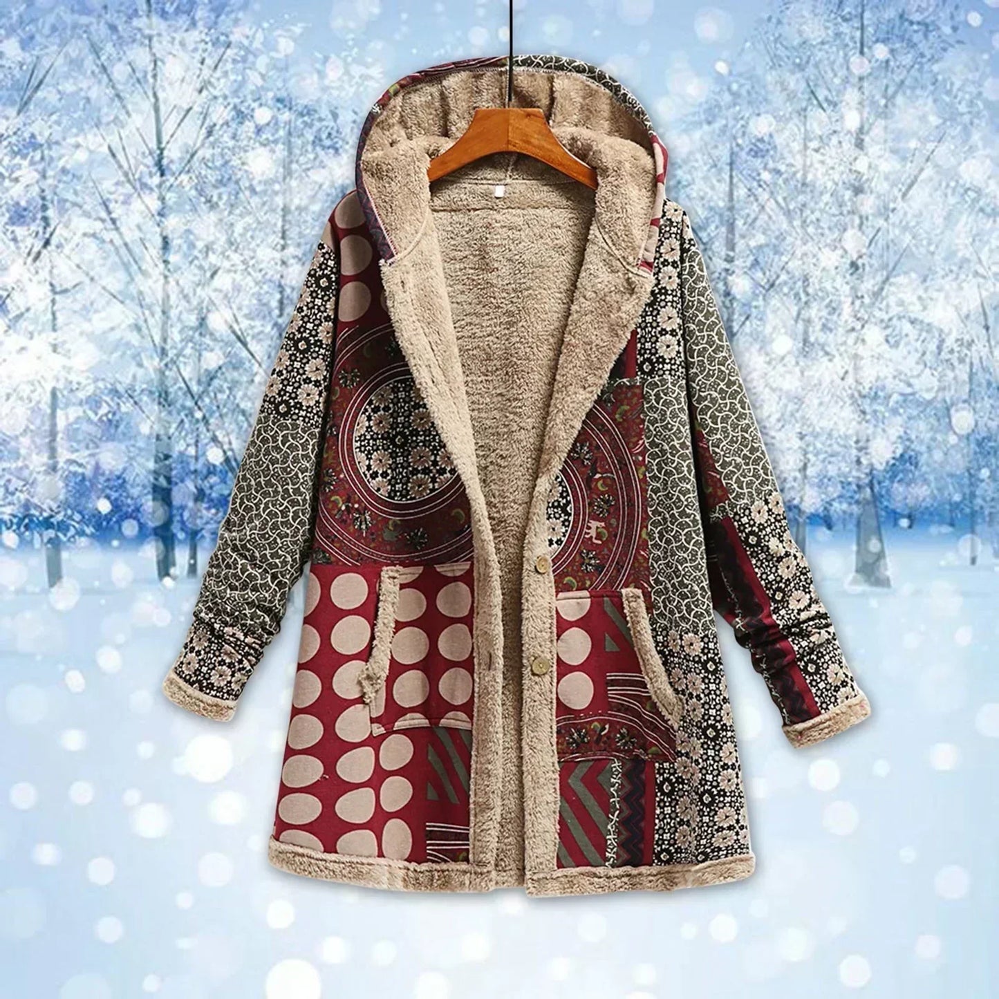 ModeGeist | Fleecejacke - Relaxed Fit - Kapuze - Patchwork - Langes Modell - Lässiger Stil