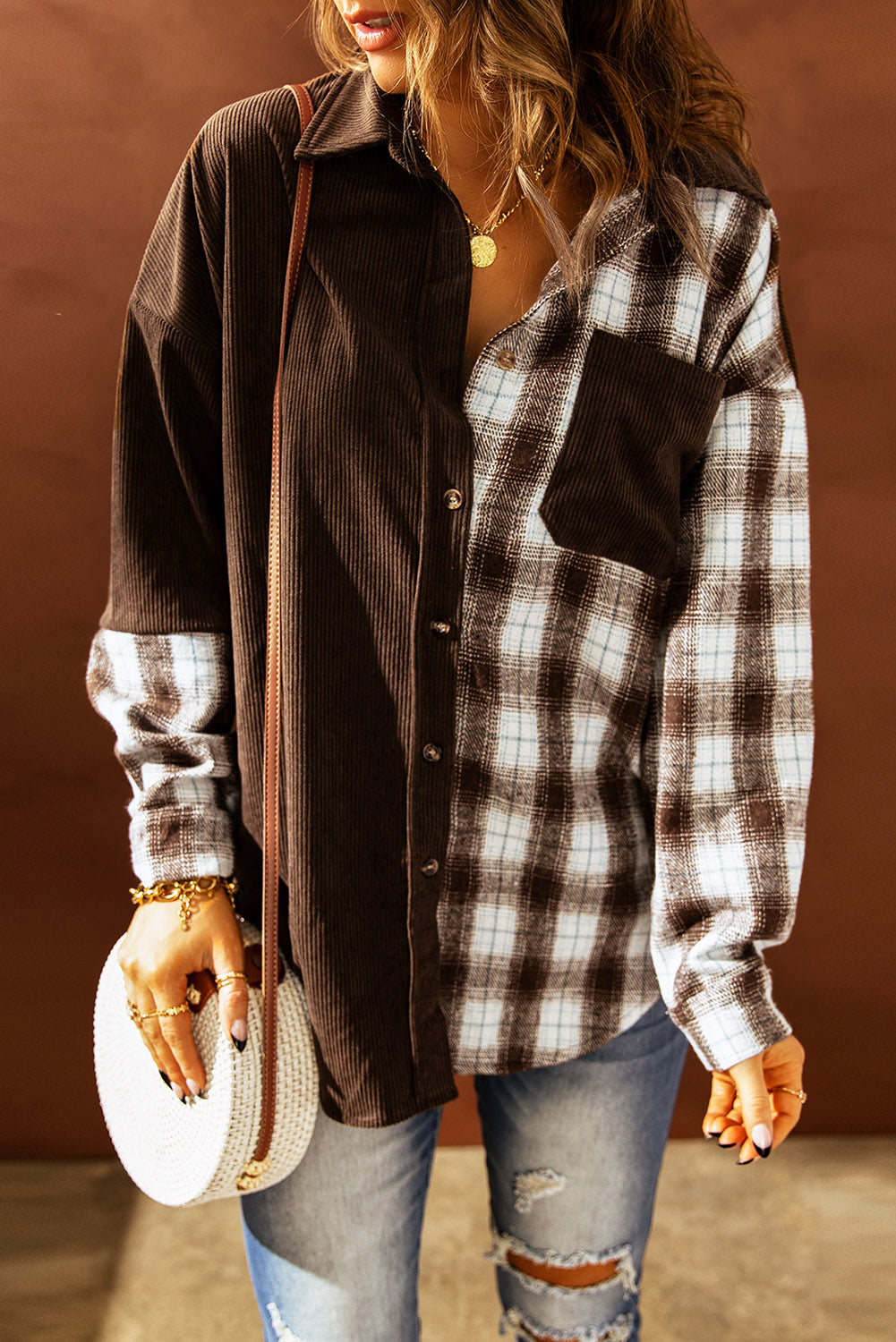 ModeGeist | Karierte Farbblock Gefallen Schulter Corduroy Shacket