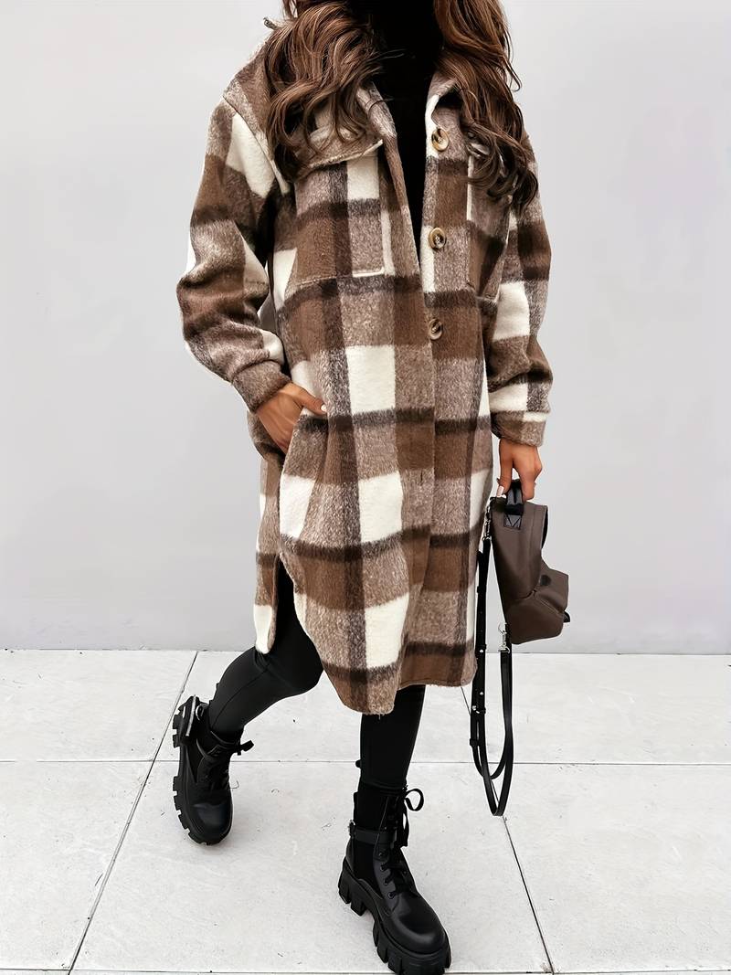 ModeGeist | Warme Damen Karomuster Wolljacke mit Knöpfen