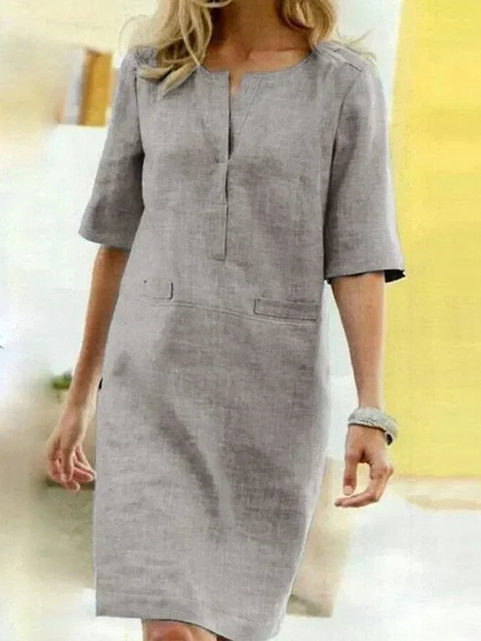 ModeGeist | Damen Kurzarm Baumwolle und Leinen Kleid