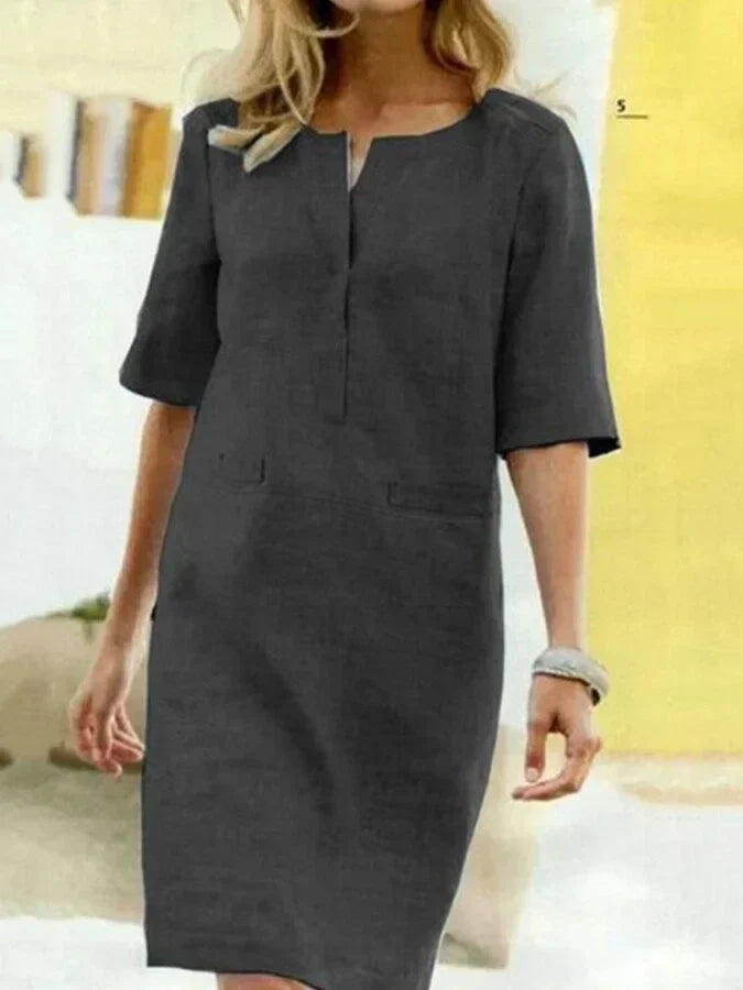 ModeGeist | Damen Kurzarm Baumwolle und Leinen Kleid
