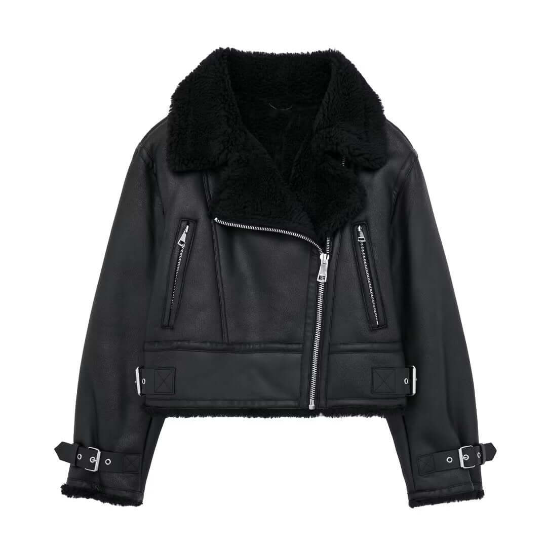 ModeGeist | Damen Faux-Lederjacke mit Pelzkragen