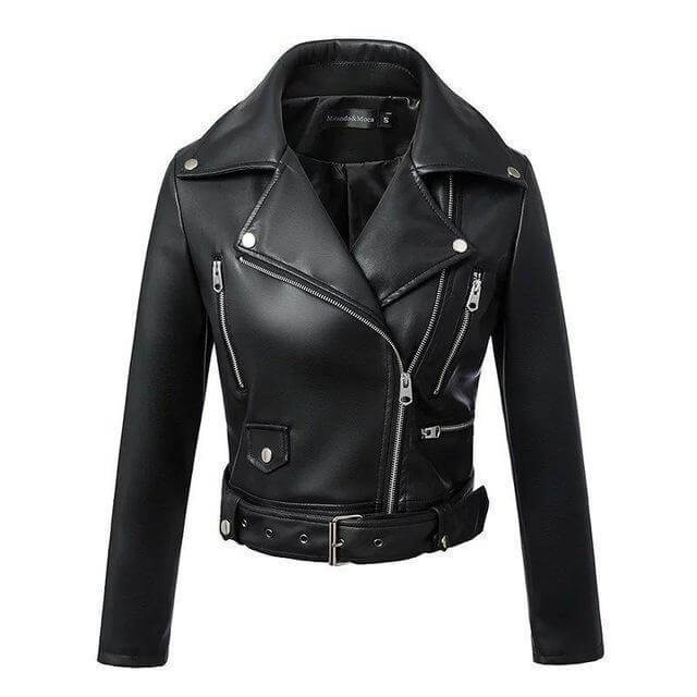 ModeGeist | Damen Kunstleder Bikerjacke mit Gürtel