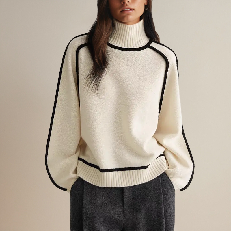 ModeGeist | Pullover - Frauen Herbst Übergröße Rollkragenpullover mit Kontrastärmelbesatz