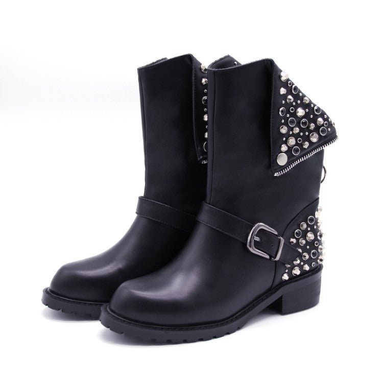 ModeGeist | Bikerstiefel für Damen mit Schnalle Silberne Nieten