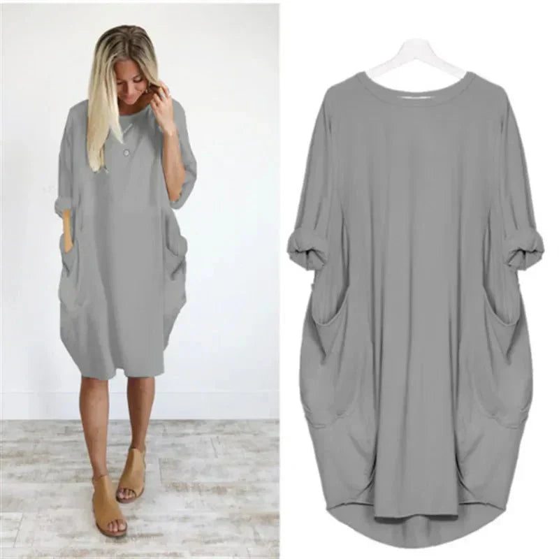 MODEGEIST Damen Midi-Kleid Taschen Organisch Grün Casual