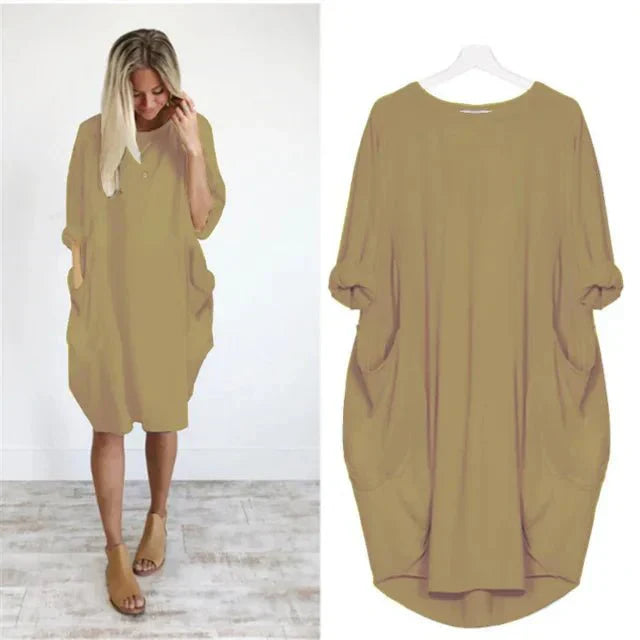MODEGEIST Damen Midi-Kleid Taschen Organisch Grün Casual
