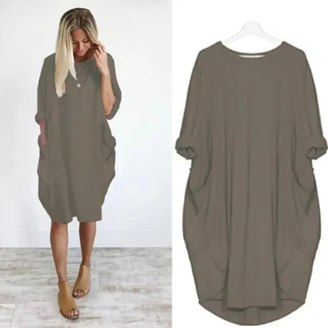MODEGEIST Damen Midi-Kleid Taschen Organisch Grün Casual