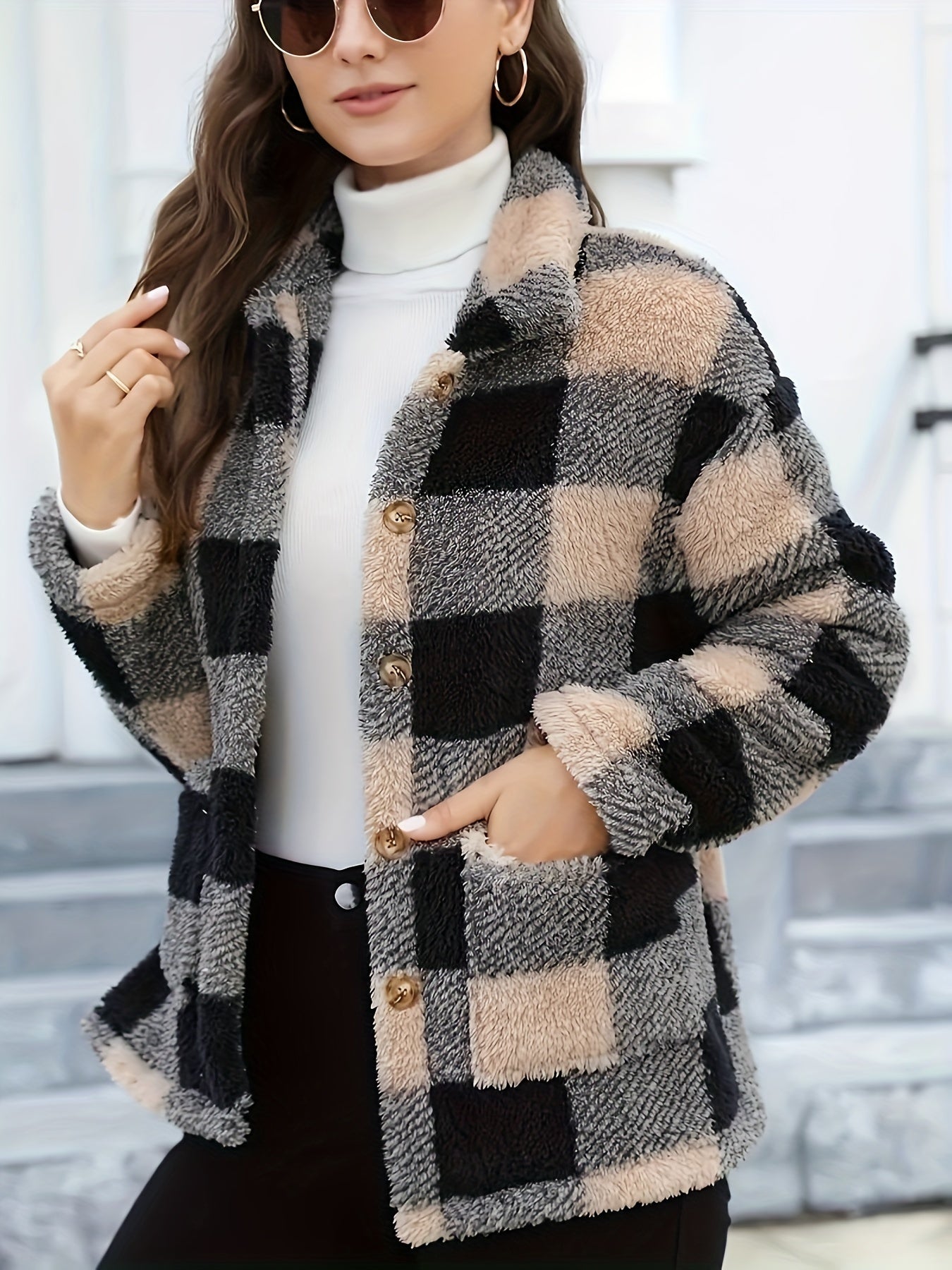 ModeGeist | Gitter Teddyjacke mit Knöpfen und Taschen Polyester Warm und Stilvoll