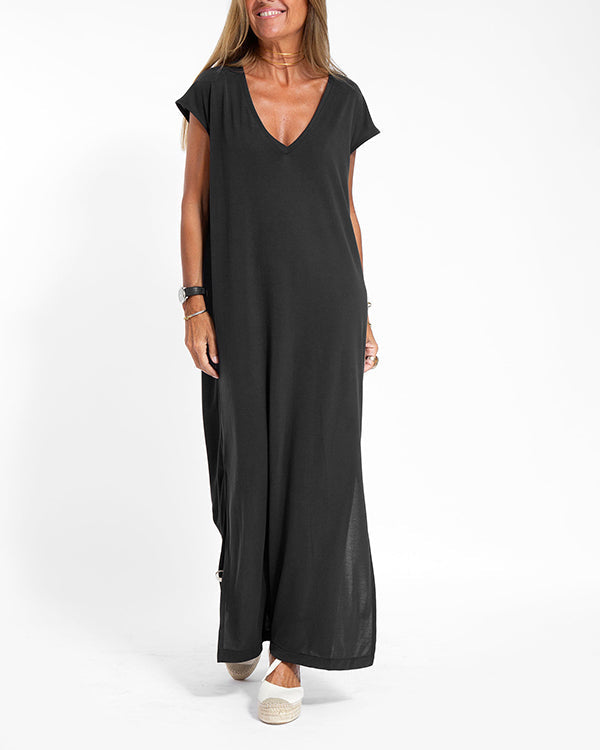 MODEGEIST Damen Maxi-Kleid V-Ausschnitt Kurzarm Terrakotta Seitenschlitz