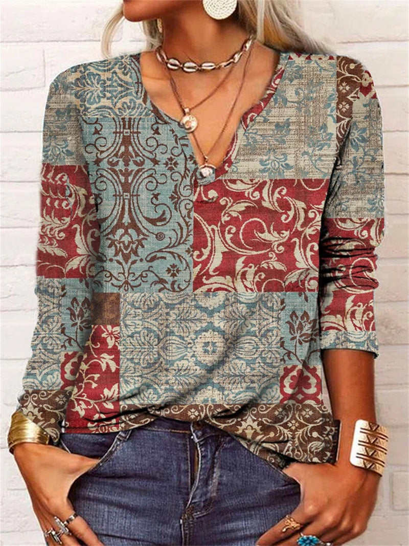 Damen Langarm T-Shirt mit Blumenmuster und V-Ausschnitt von Fudus Lockeres