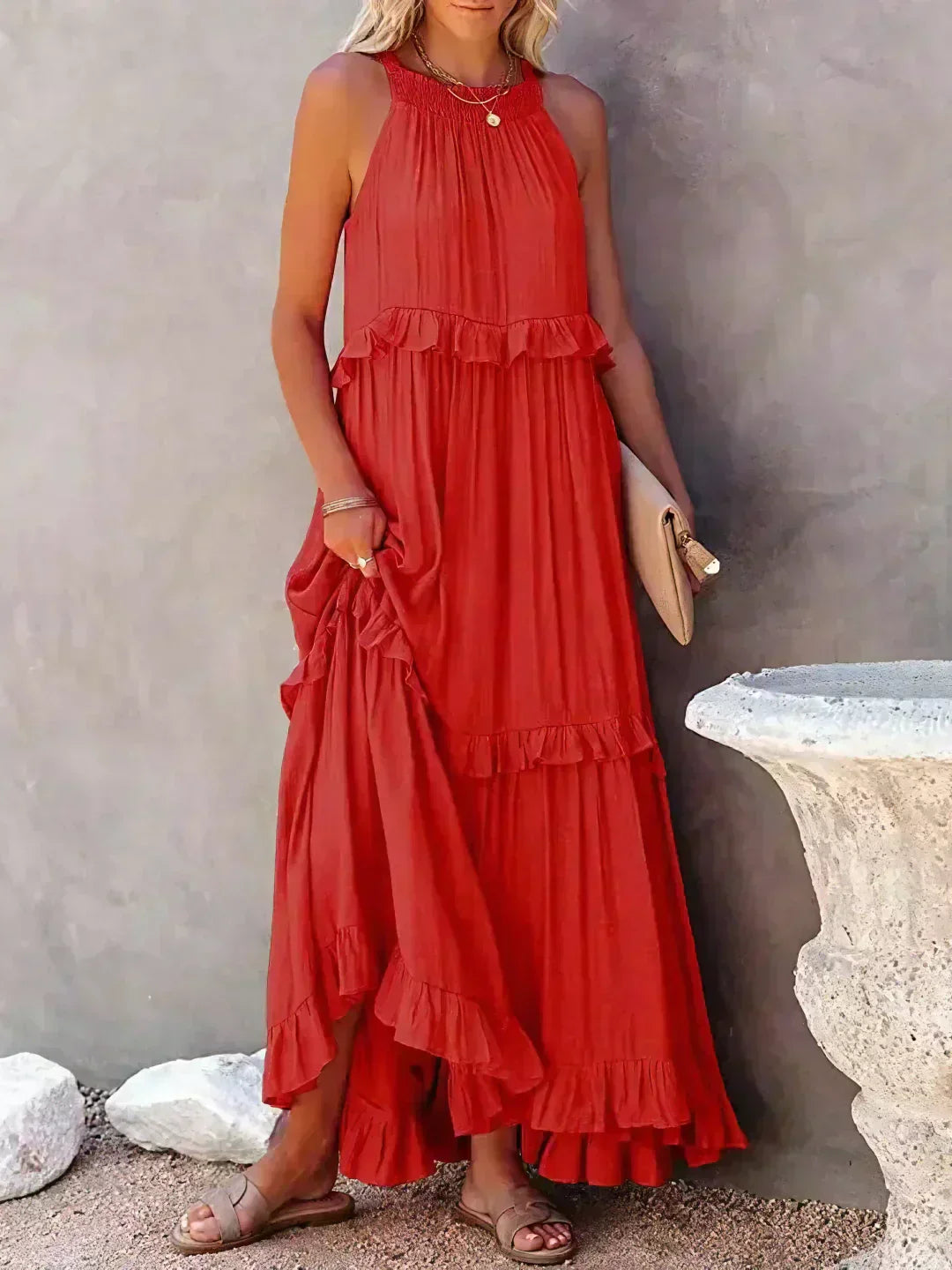 MODEGEIST Damen Ärmelloses Kleid Rüschen Fließend Sommerkleid Romantisch