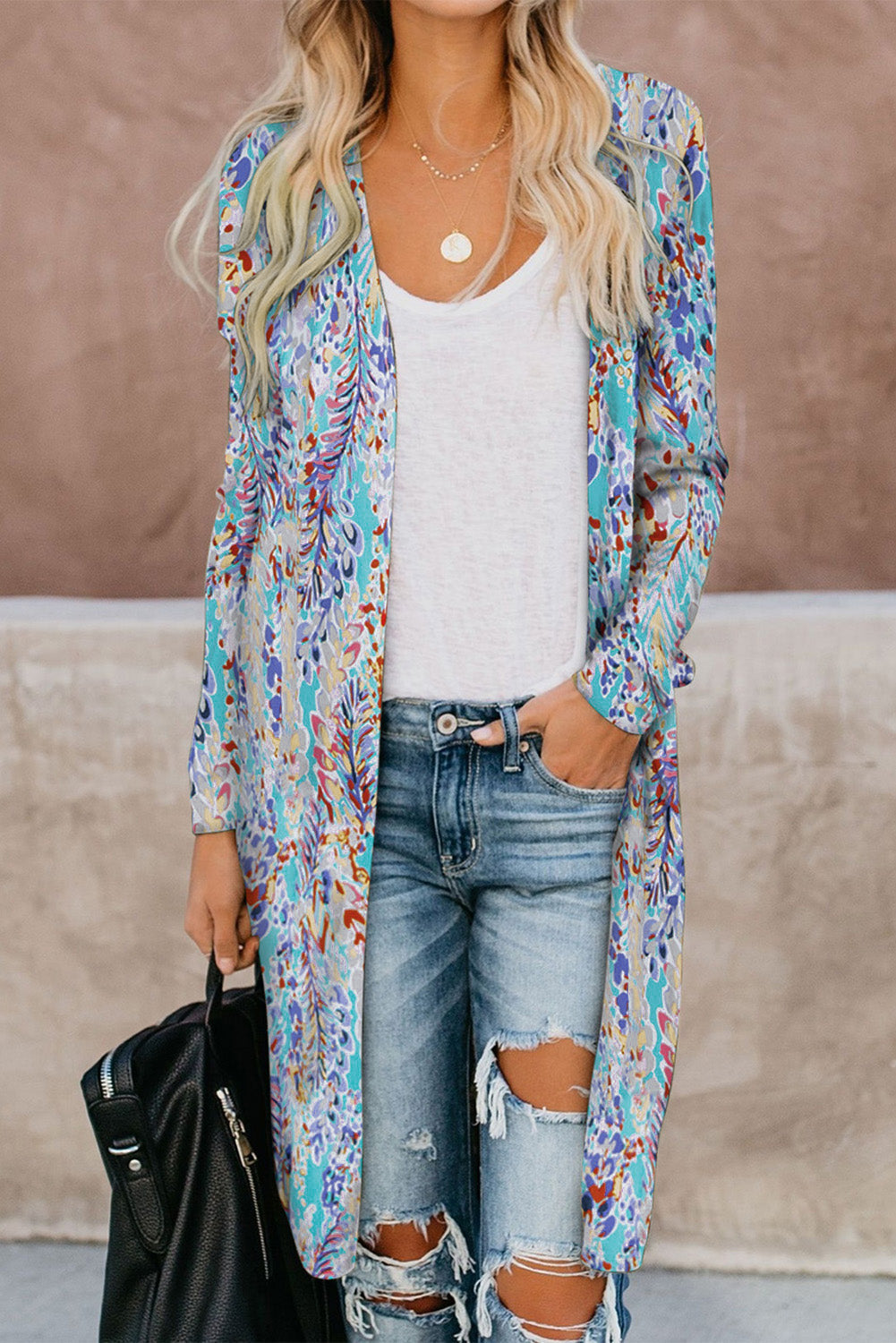 ModeGeist | Bedruckter Offene Front Langarm Cardigan