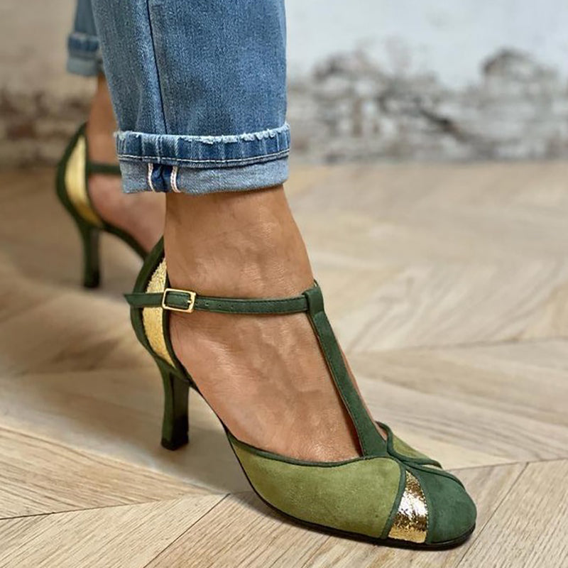 MODEGEIST Damen High Heels Patchwork Grün T-Riemen