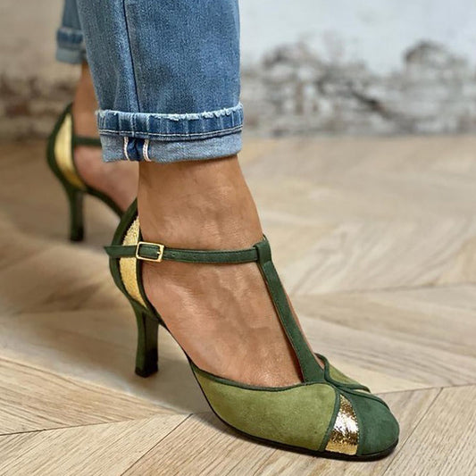MODEGEIST Damen High Heels Patchwork Grün T-Riemen