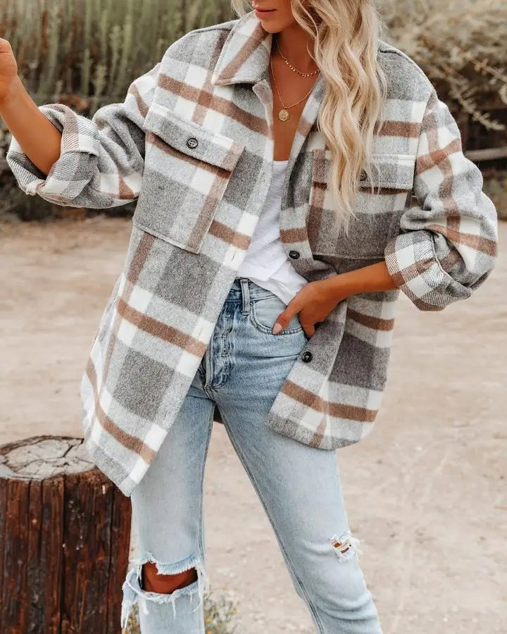 ModeGeist | Shirtjacke - Übergroß Karriert - Lang mit Brusttaschen und Knopfleiste