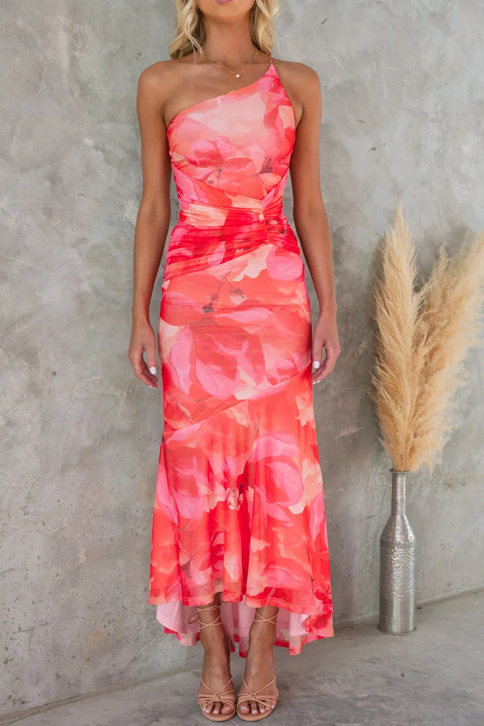 MODEGEIST Damen Plissee-Kleid Elegant Midi-Länge Rosa Sommerkleid