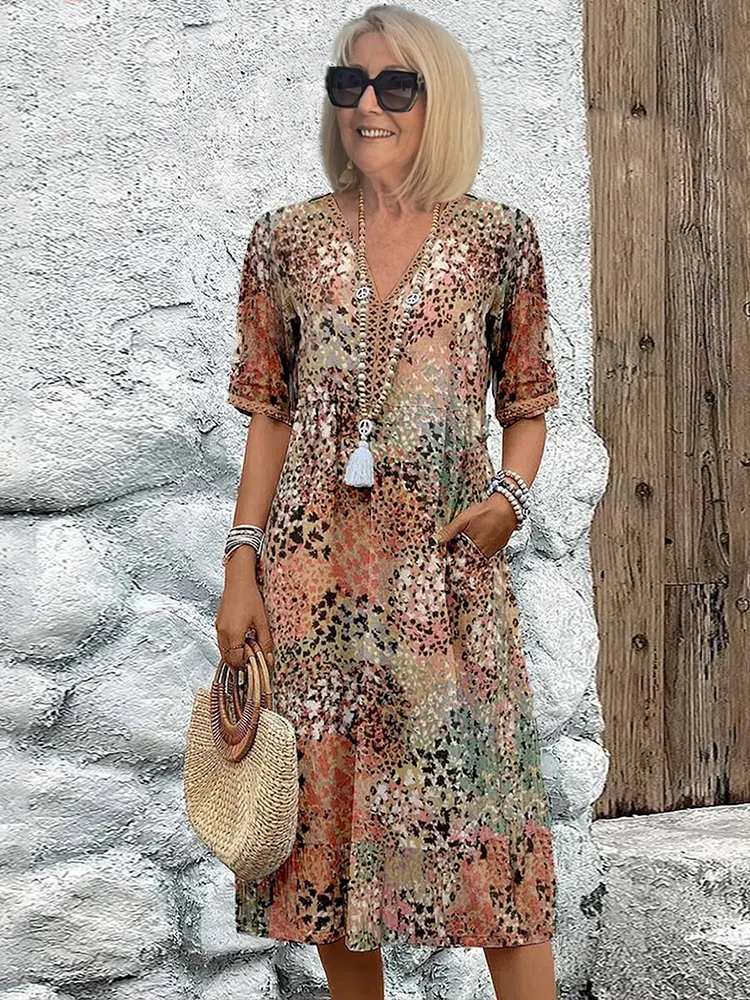 MODEGEIST Damen Midi-Kleid Lebhaftes Muster Fließend Sommerkleid