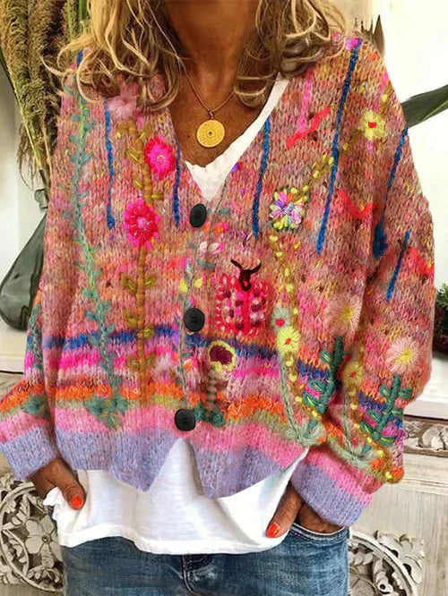 ModeGeist | Retro Damen Cardigan Aus Bedruckter Wollimitat